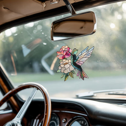 Hummingbird and Peony Acrylic Suncatcher Stained Glass Effect Window Car Hanging Christmas Ornament