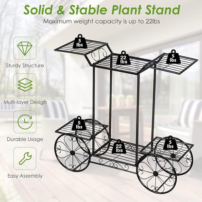 Safstar 6 Tiered Metal Plant Stand w/4 Decorative Wheels, Multilayer Flower Display Shelf for Home