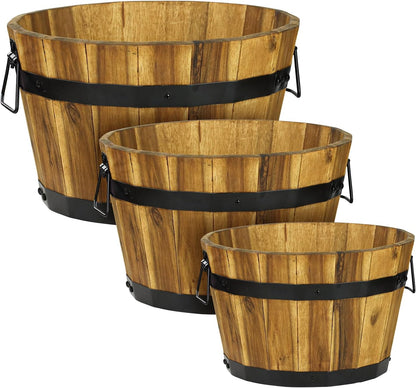 IDZO Set of 3 Wooden Flower Planters for Outdoor Plants, Acacia Wood Barrel Planters, Ergonomic