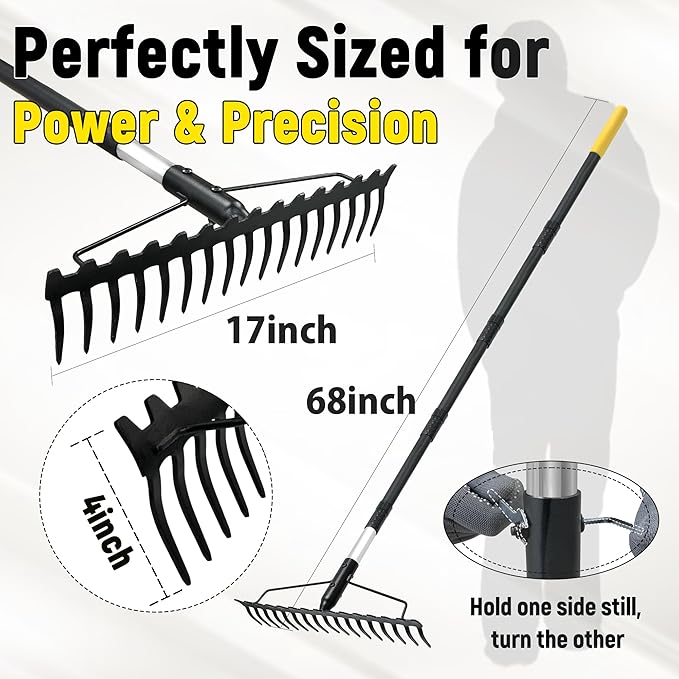 Bow Rake, 68-Inch Adjustable Handle Garden Rake with 17 Steel Tines, Heavy Duty Dual-Sided Metal