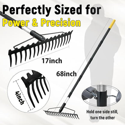 Bow Rake, 68-Inch Adjustable Handle Garden Rake with 17 Steel Tines, Heavy Duty Dual-Sided Metal