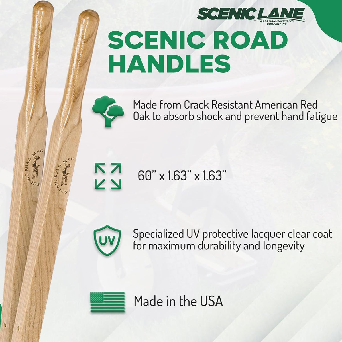 Scenic Lane Replacement Wheelbarrow Handles, American Red Oak, Fits Scenic Lane Green Wheelbarrows