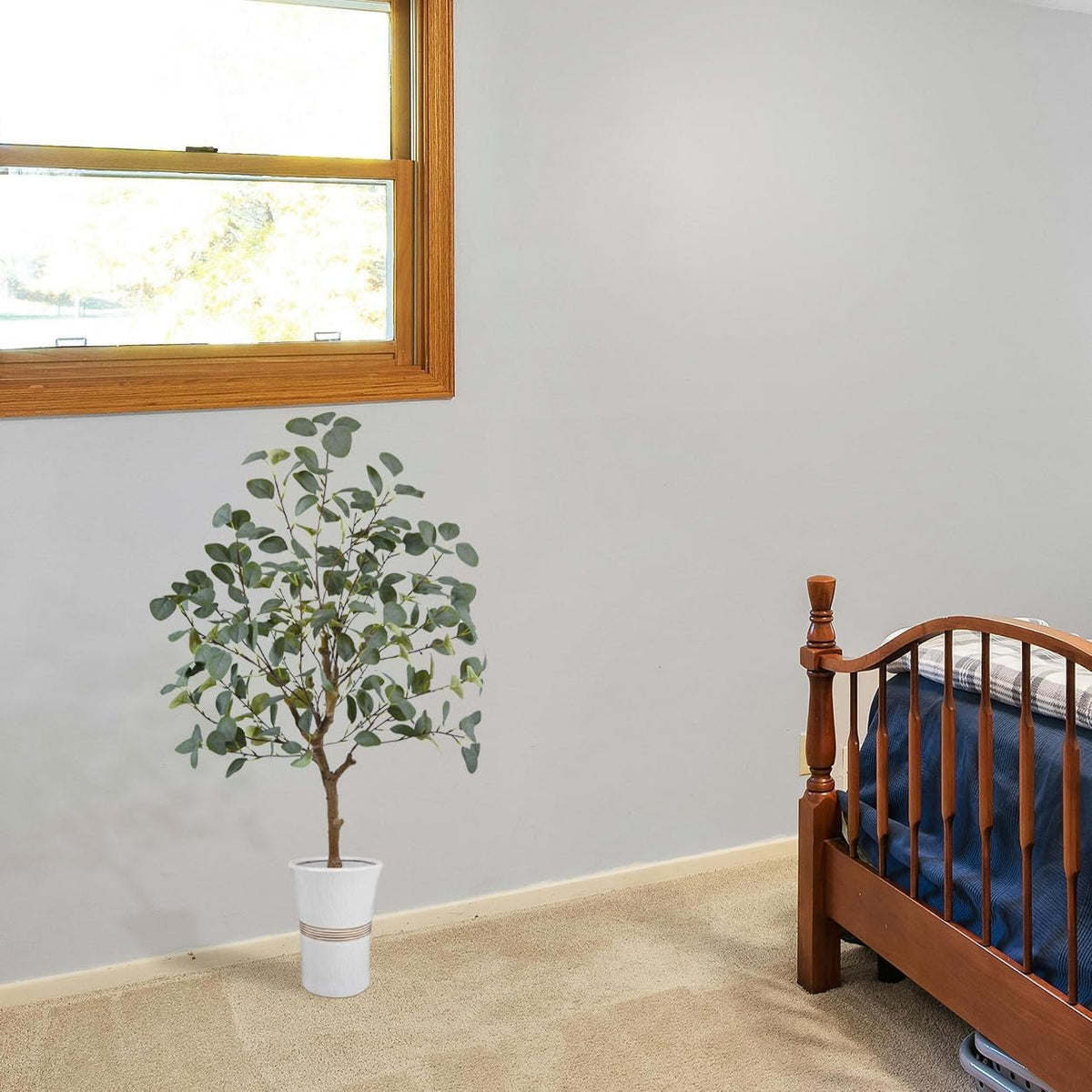 Artificial Eucalyptus Tree, 4ft Tall Green Silk Leaves Perfect Faux Plant with Basket, Mordern Fake