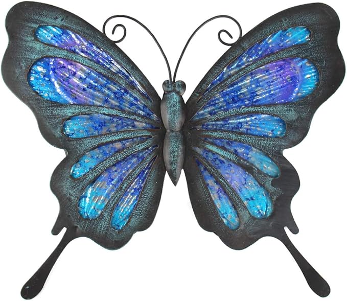 HONGLAND Metal Butterfly Wall Decor Outdoor Indoor Art Sculpture Hanging Glass Decorations Blue for