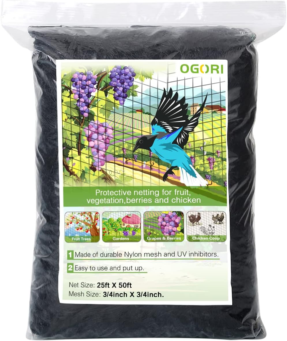 OGORI 25' x 50' Bird Netting Heavy Duty Nylon 3/4" Mesh Garden Netting Protect Fruit Trees, Plants