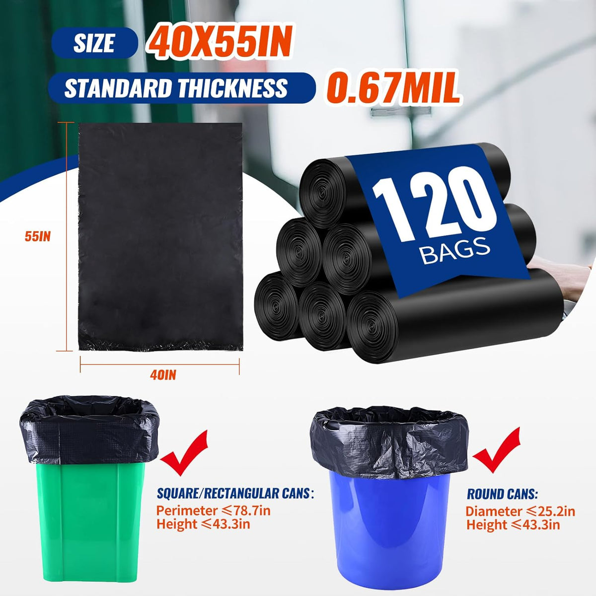 120 Count 55-60 Gallon Trash Bags, Tear-Free Large Black Garbage Bags for Kitchen, Office, Outdoor