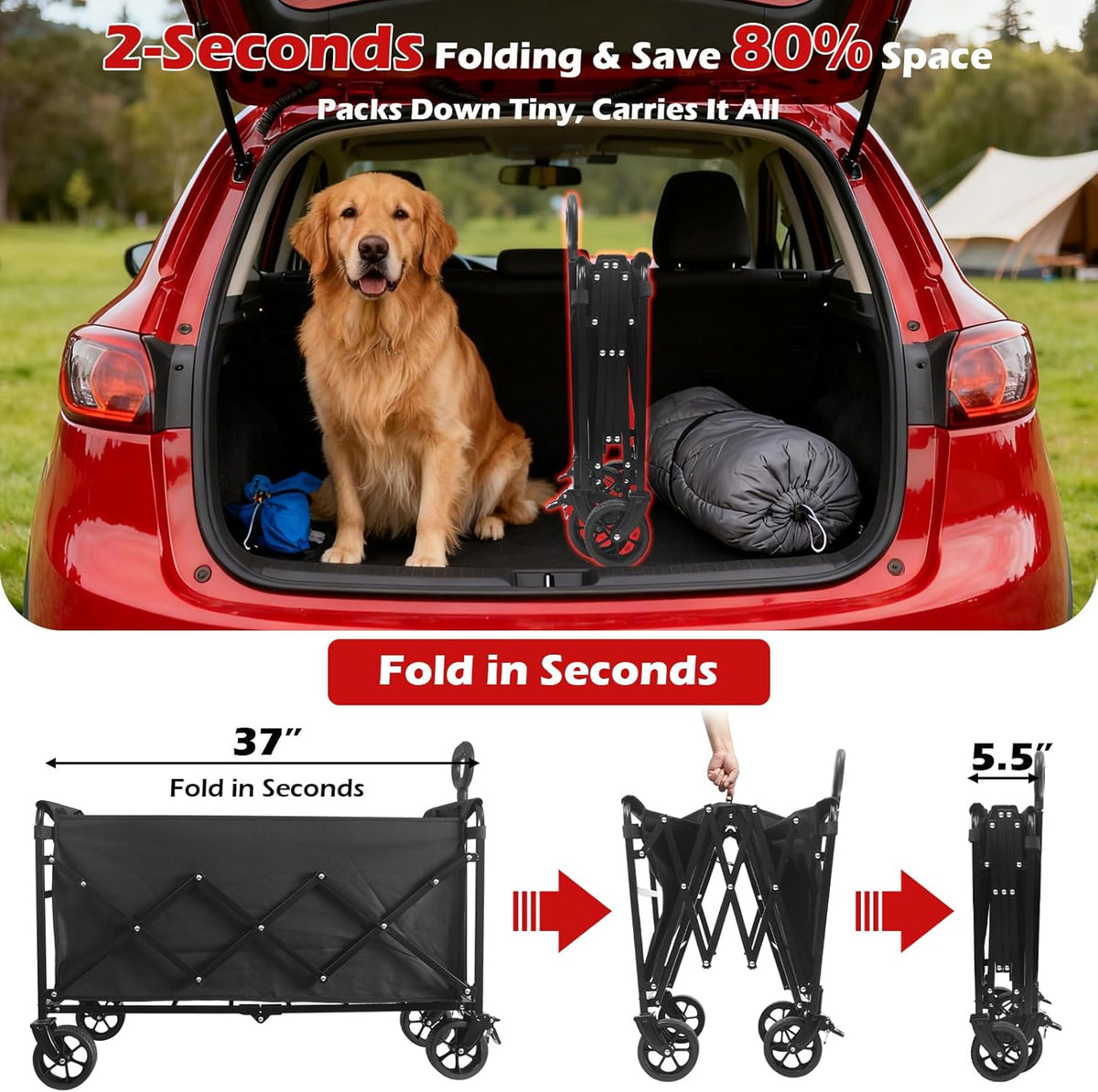 Collapsible Wagons Carts Foldable Wagon, 500LBS Heavy Duty Wagon Cart Foldable with Brakes &