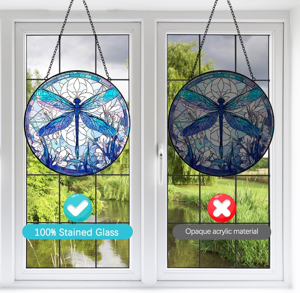 Dragonfly Suncatcher Stained Glass Window Hanging - 8” Stained Glass Suncatchers for Windows - Sun