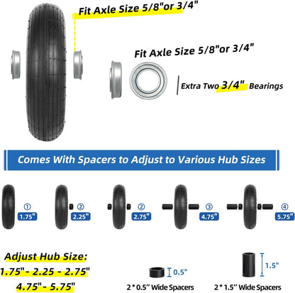 4.00-6 Tire and Wheel, 13" Wheelbarrow Pneumatic Tire, 5/8" & 3/4" Bearings, 1.75-6" Centered