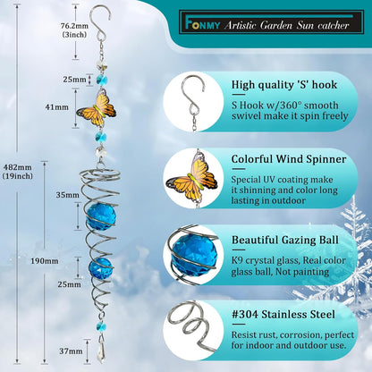 FONMY Butterfly Sun Catcher Gazing Ball Wind Spinner Rainbow Maker Silver Spiral W/ K9 Blue Crystal