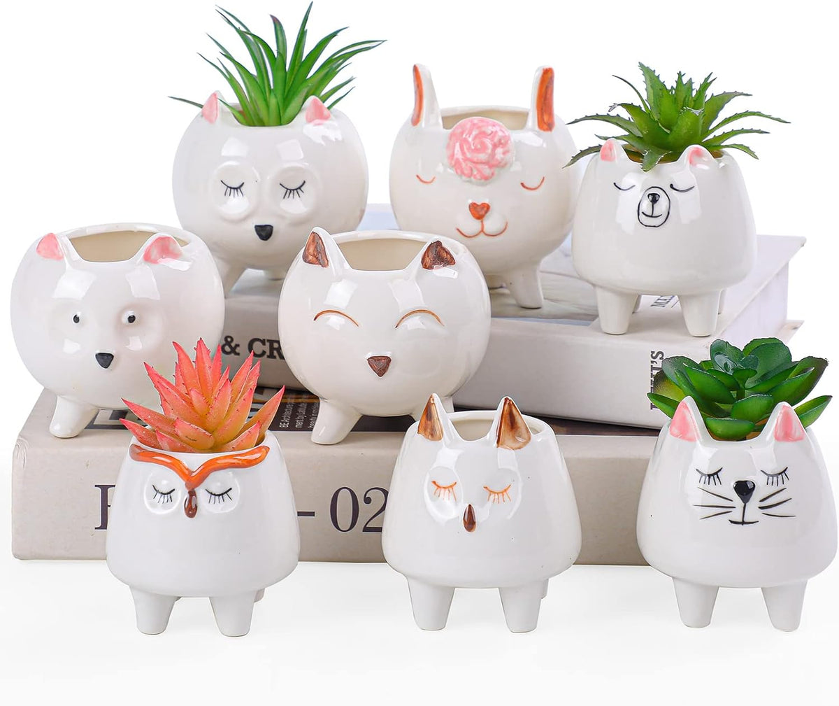 ARTKETTY 8 Pcs Succulent Pots with Drainage, Small Cartoon Animal Planters Ceramic Planter Pot for