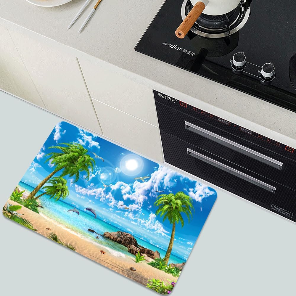 Bath Mat-Bathroom Rug，Summer Coconut Beach Dolphins-Absorbent Non Slip Quick Dry Stain Resistant