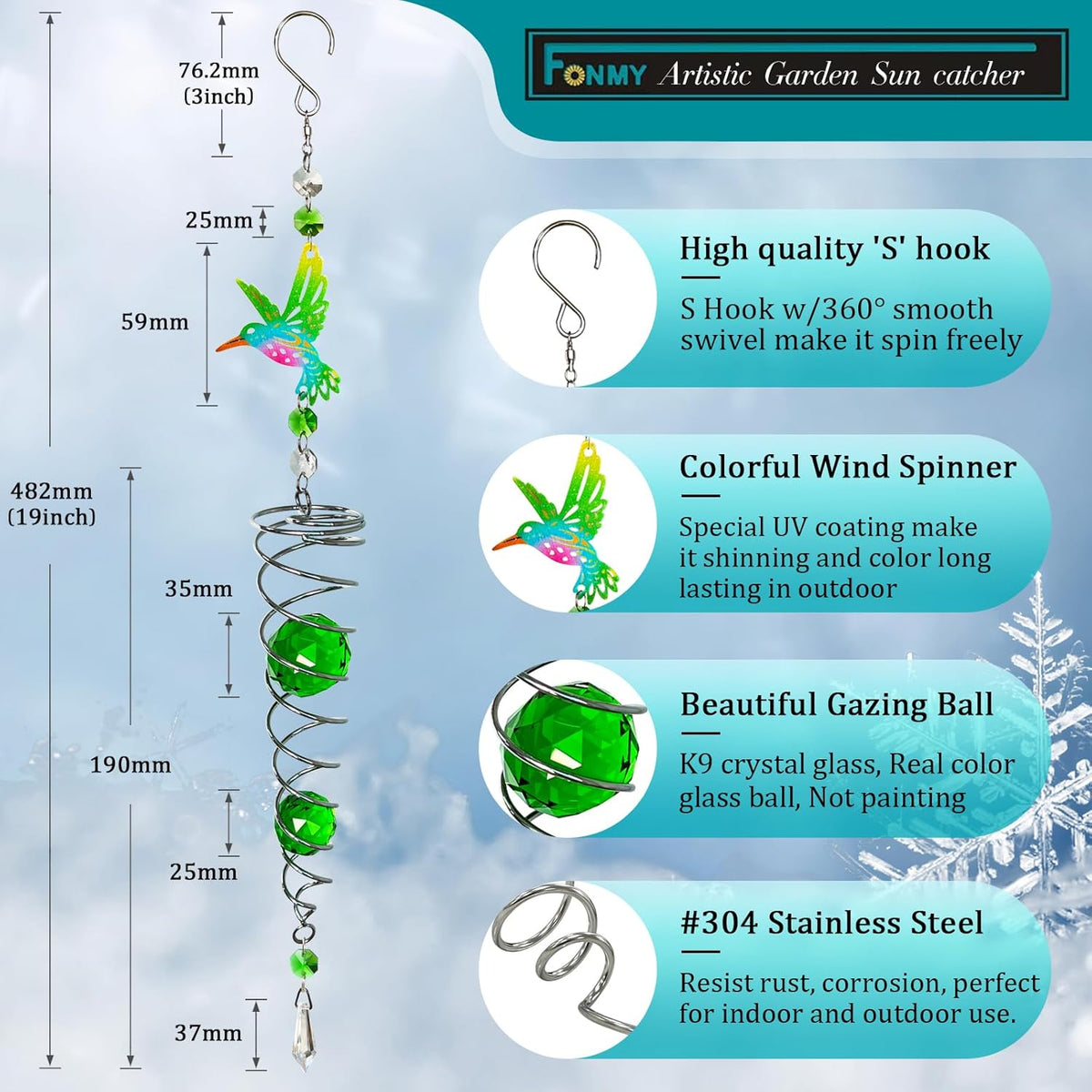 FONMY Hummingbird Gazing Ball Spiral Wind Spinner Sun Catcher Rainbow Maker Silver Spiral W/ K9