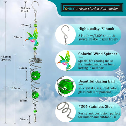 FONMY Hummingbird Gazing Ball Spiral Wind Spinner Sun Catcher Rainbow Maker Silver Spiral W/ K9