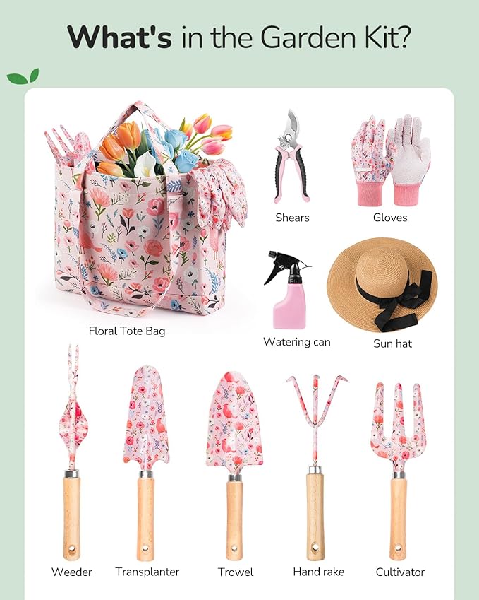 Gardening Tools, 10-Piece Gardening Gift Set for Women, Rust-Proof & Heavy-Duty Tools with Floral