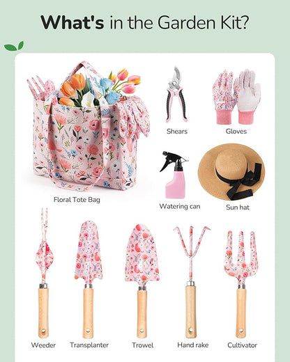 Gardening Tools, 10-Piece Gardening Gift Set for Women, Rust-Proof & Heavy-Duty Tools with Floral