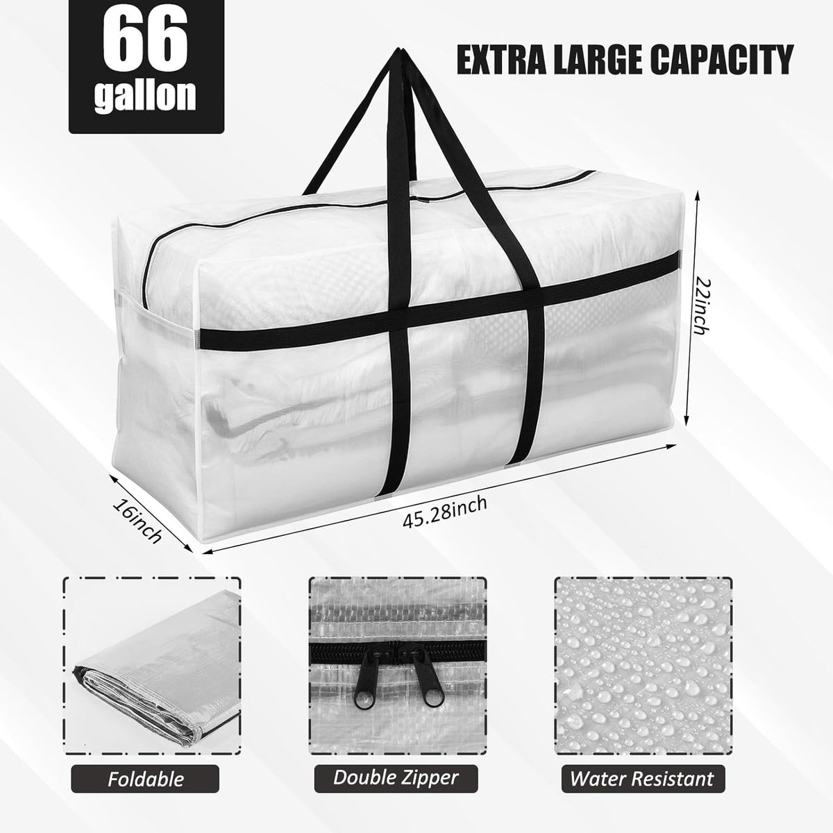 4 Pcs 66 Gallon Large Moving Bags with Zipper and Handles Foldable Storage Duffle Bags Heavy Duty