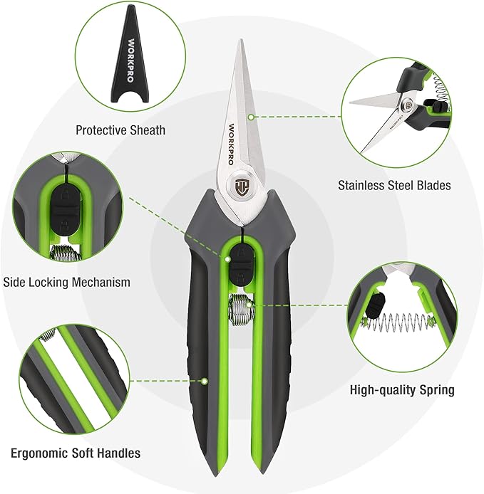 WORKPRO Garden Pruning Shears 2 Pack, 8" Bypass Pruning Shears and 6.25" Straight Garden Scissors