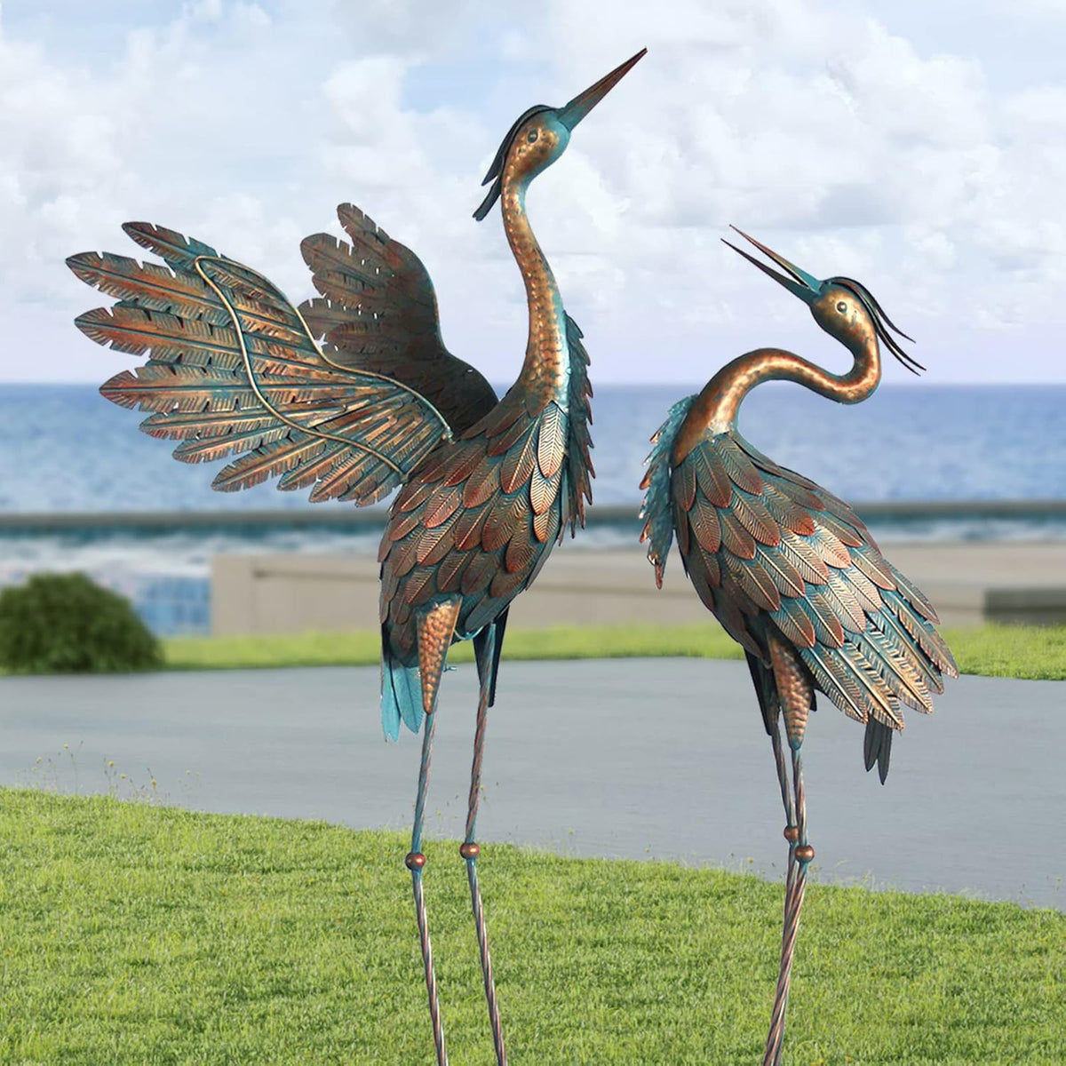 Metal Heron Yard Art, Standing Garden Sculptures & Statues for Outdoor Decor, 38-42 Inch Set of 2
