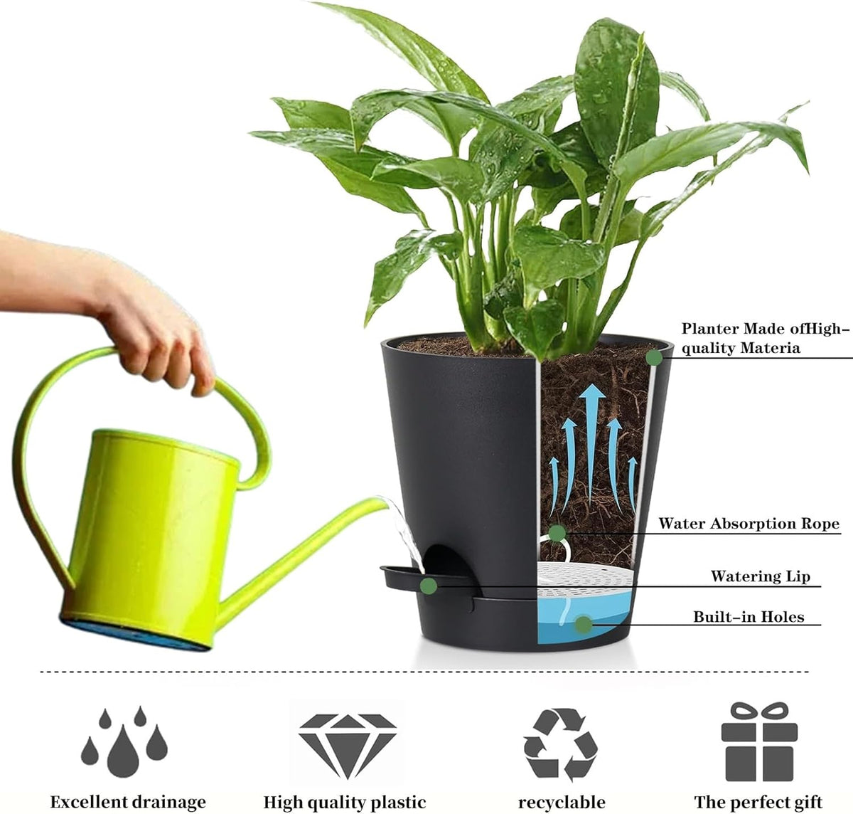 5 Pack 5 inch Self-Watering Pots, African Violets Planter with Drainage Holes and Reservoir, Black
