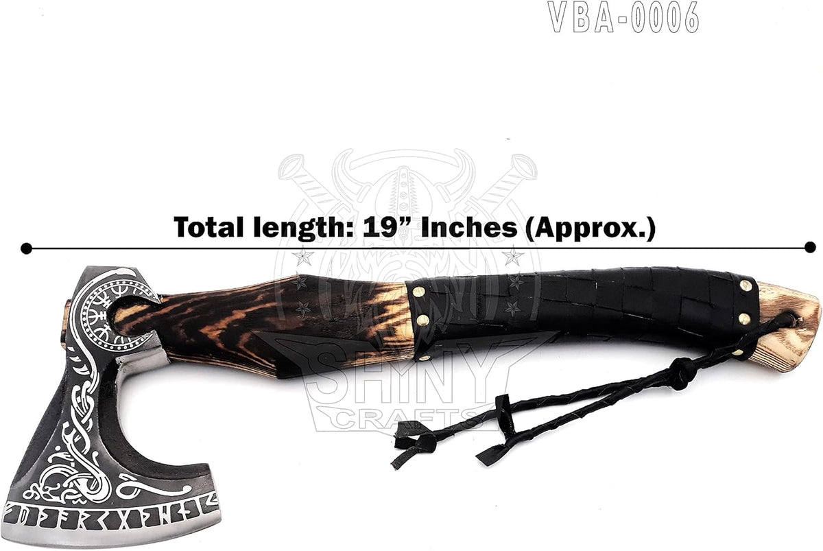SHINY CRAFTS® Handcrafted Decorative Viking Axe with Leather-Wrapped Handle & Sheath – Engraved