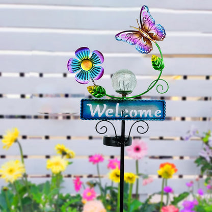 Outdoor Solar Garden Lights with Welcome Sign, Butterfly Ornament Metal Stake Lights for Lawn