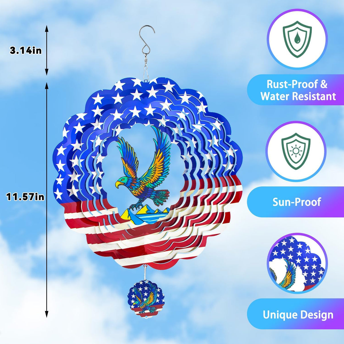 Wind Spinners,12 inch American Eagle with 360° Swivel Hook for Yard and Garden, Bird Wind Catcher