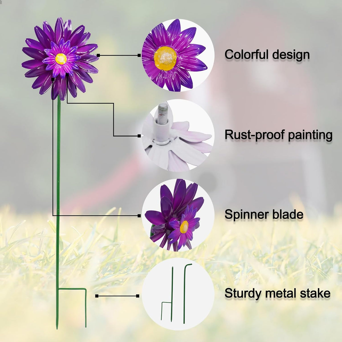 Metal Flower Wind Spinner Garden Lawn Stakes Yard Art, 27inch Lawn Windmill Ornaments Outside