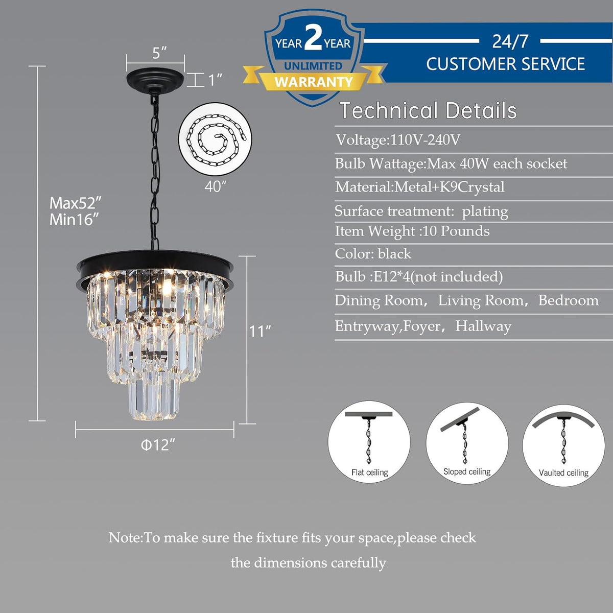 Crystal Chandeliers for Dining Room Light Fixtures Over Table，4-Lights Modern Black Crystal Pendant