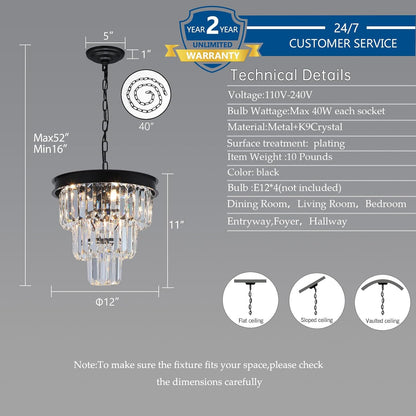 Crystal Chandeliers for Dining Room Light Fixtures Over Table，4-Lights Modern Black Crystal Pendant