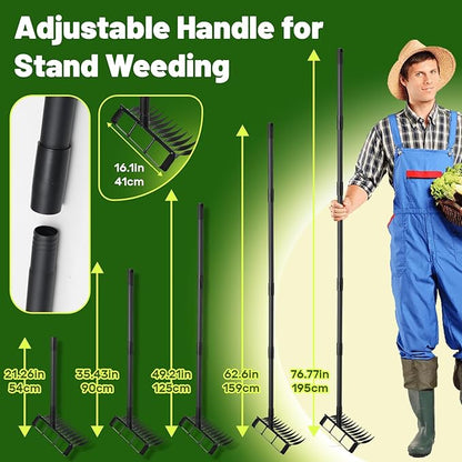 2 in 1 Stirrup Hula Hoe Garden Tool, 12 Tines Cultivators for Gardening, Weed Puller Tool with 76"