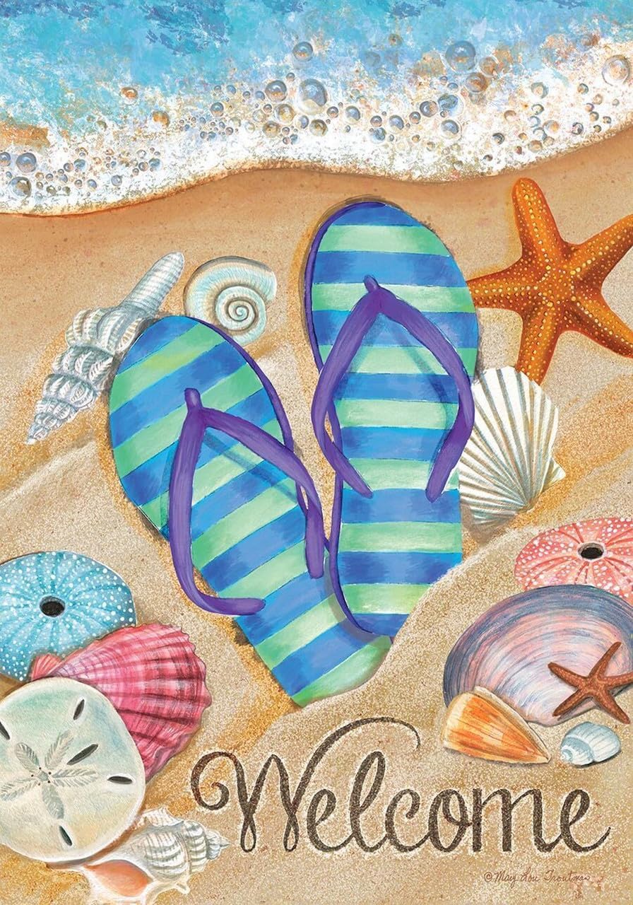 Day in the Sun Summer House Flag Flip Flops Welcome Shoreline 28" x 40"