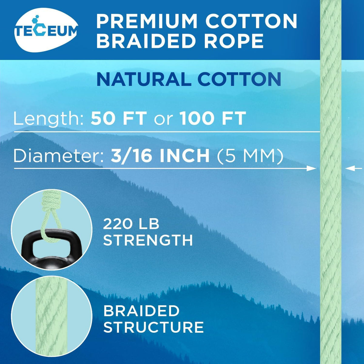 TECEUM Cotton Rope 3/16” (5 mm) – 50 FT – Strong All-Purpose Braided Rope – Natural Cotton – for
