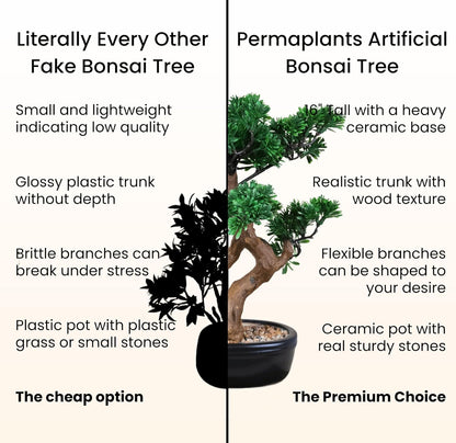 Artificial Bonsai Tree 16" Tall with Realistic Wood and Ceramic Pot Fake Plants Juniper Pine Zen