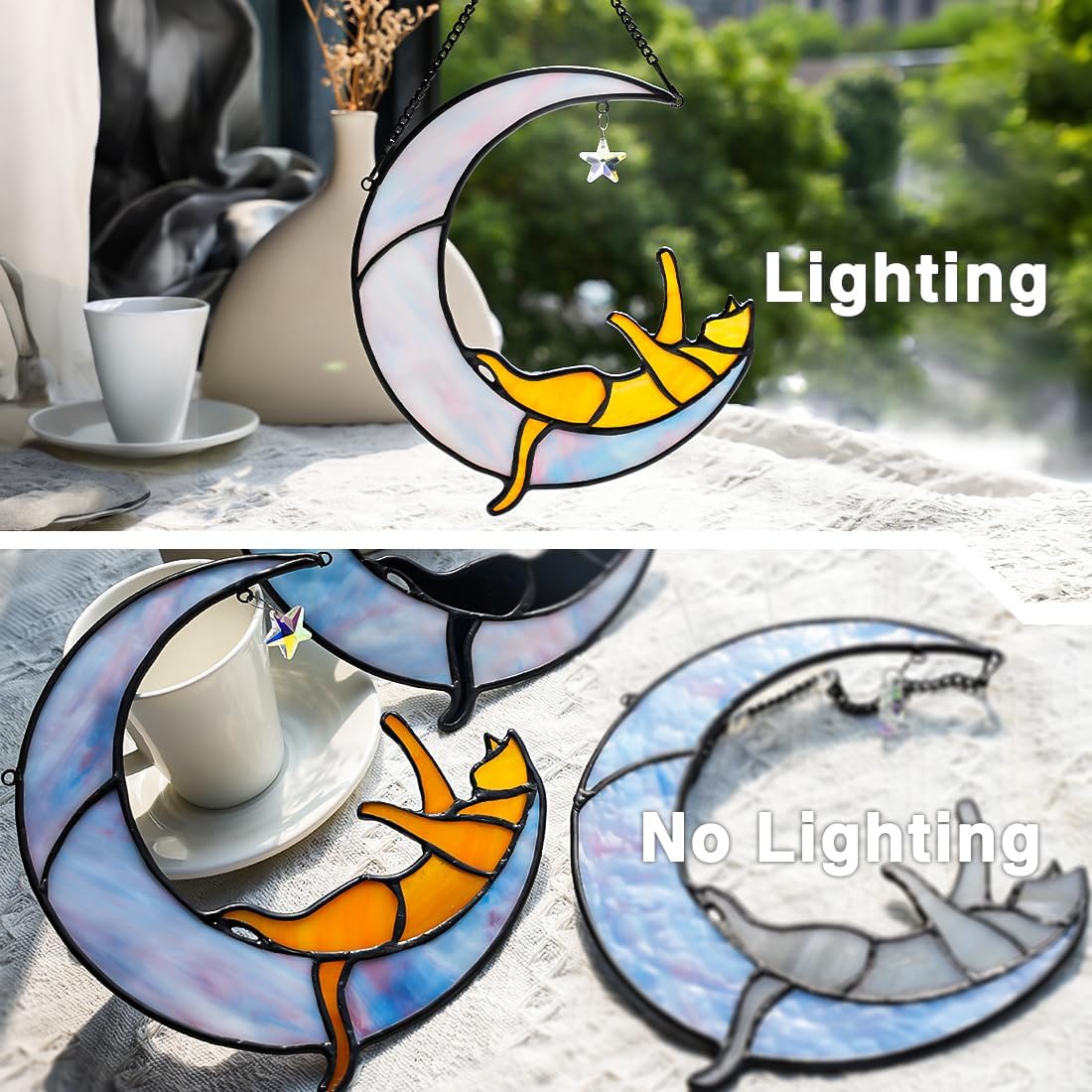 Orange Cat on Moon Stained Glass Suncatchers Star Crystal Decor,Rainbow Stained Glass Window