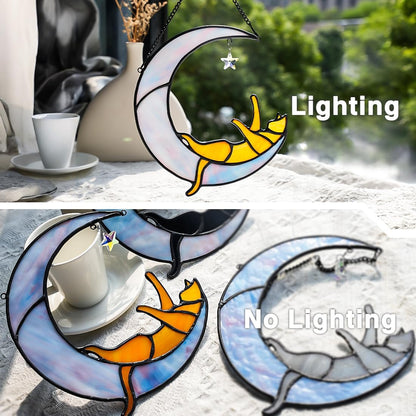 Orange Cat on Moon Stained Glass Suncatchers Star Crystal Decor,Rainbow Stained Glass Window