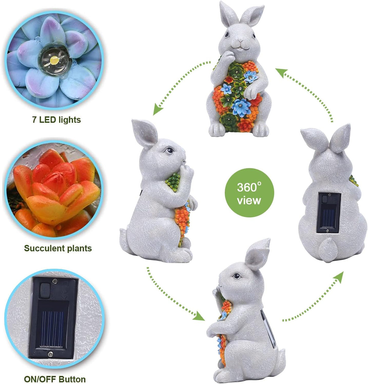 Nacome Garden Outdoor Statues Bunny with Succulent and 7 LED Lights – Lawn Decor for Patio