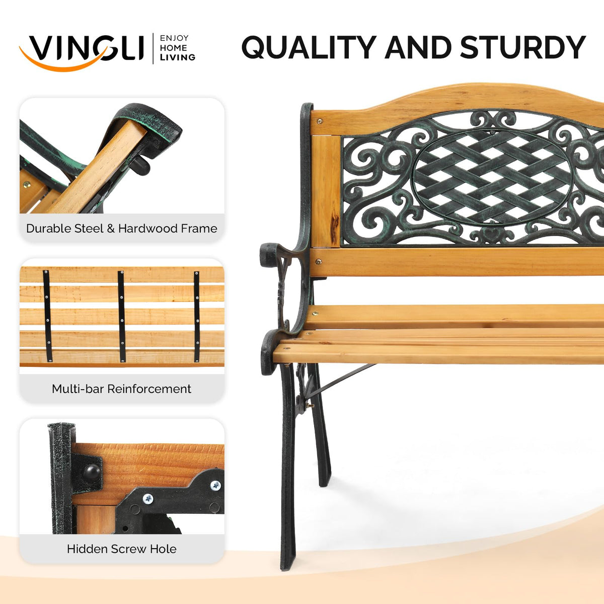 VINGLI Classic Cast Iron & Teak Arched Back Rectangular Outdoor Bench, 3-Seater, 470 lbs Capacity