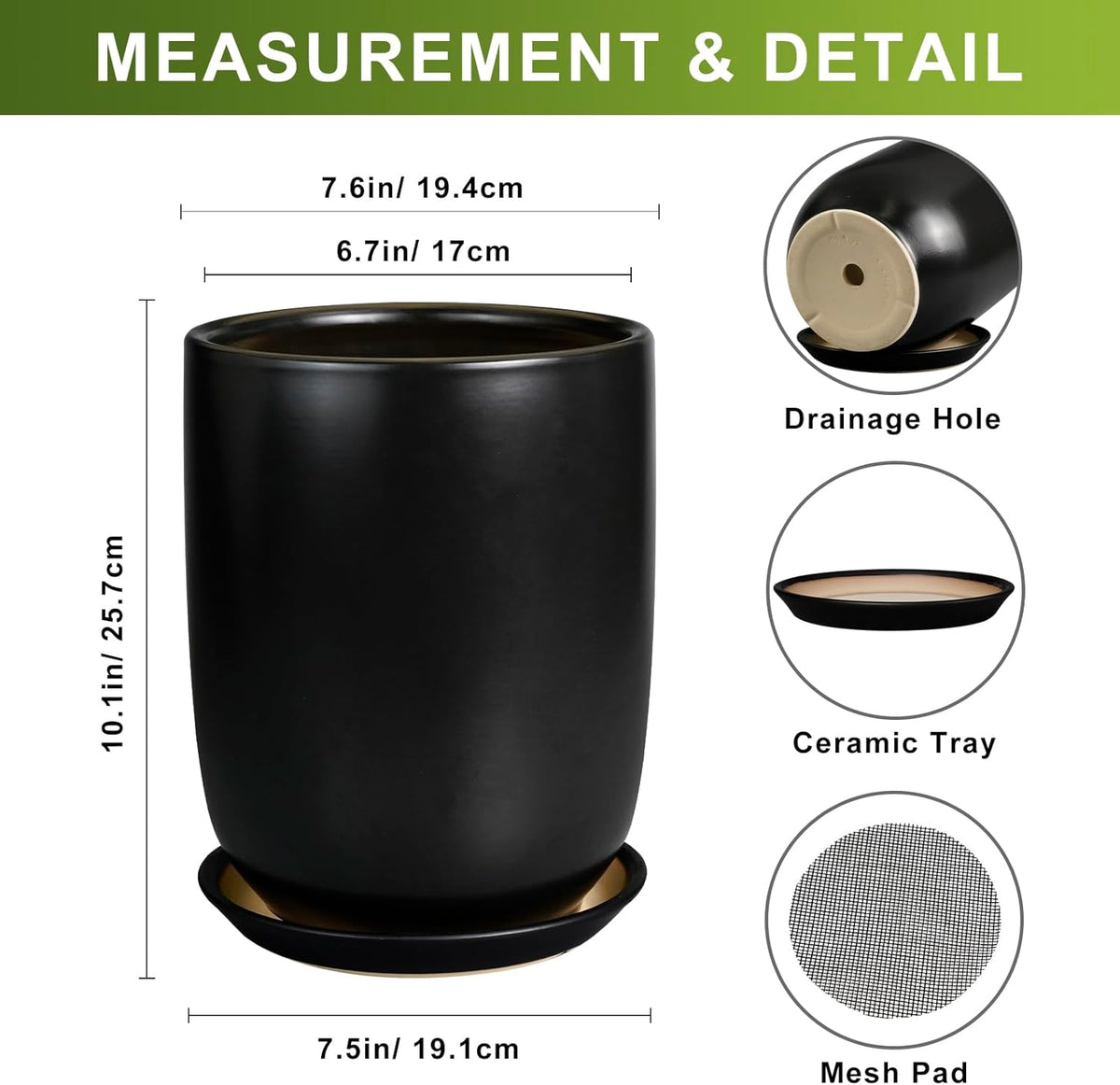 Ceramic Planter 8 Inch - Plant Pot for Indoor Outdoor Plants Cylinder Flower Pot with Drainage Hole