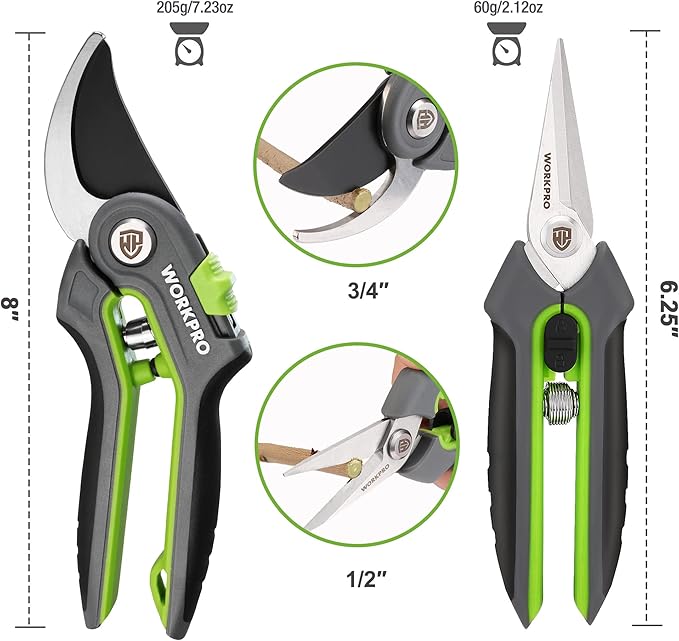 WORKPRO Garden Pruning Shears 2 Pack, 8" Bypass Pruning Shears and 6.25" Straight Garden Scissors