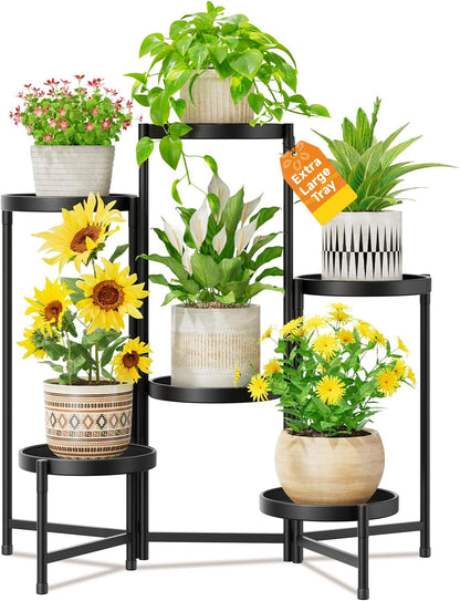 LASZOLA 6 Tiered Folding Plant Stand Indoor for Multiple Large Planter, Tall Heavy Duty Adjustable