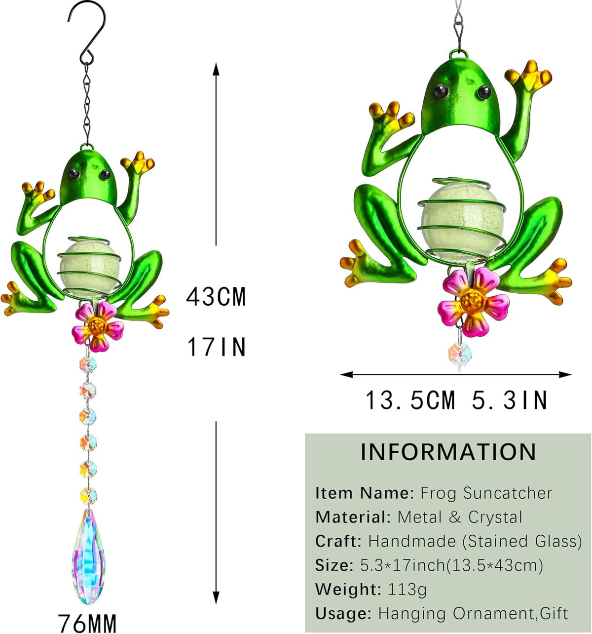 Stained Glass Metal Frog Suncatcher Crystals for Window Ornament - 17" Outdoor Fence Wall Art
