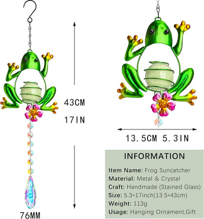 Stained Glass Metal Frog Suncatcher Crystals for Window Ornament - 17" Outdoor Fence Wall Art