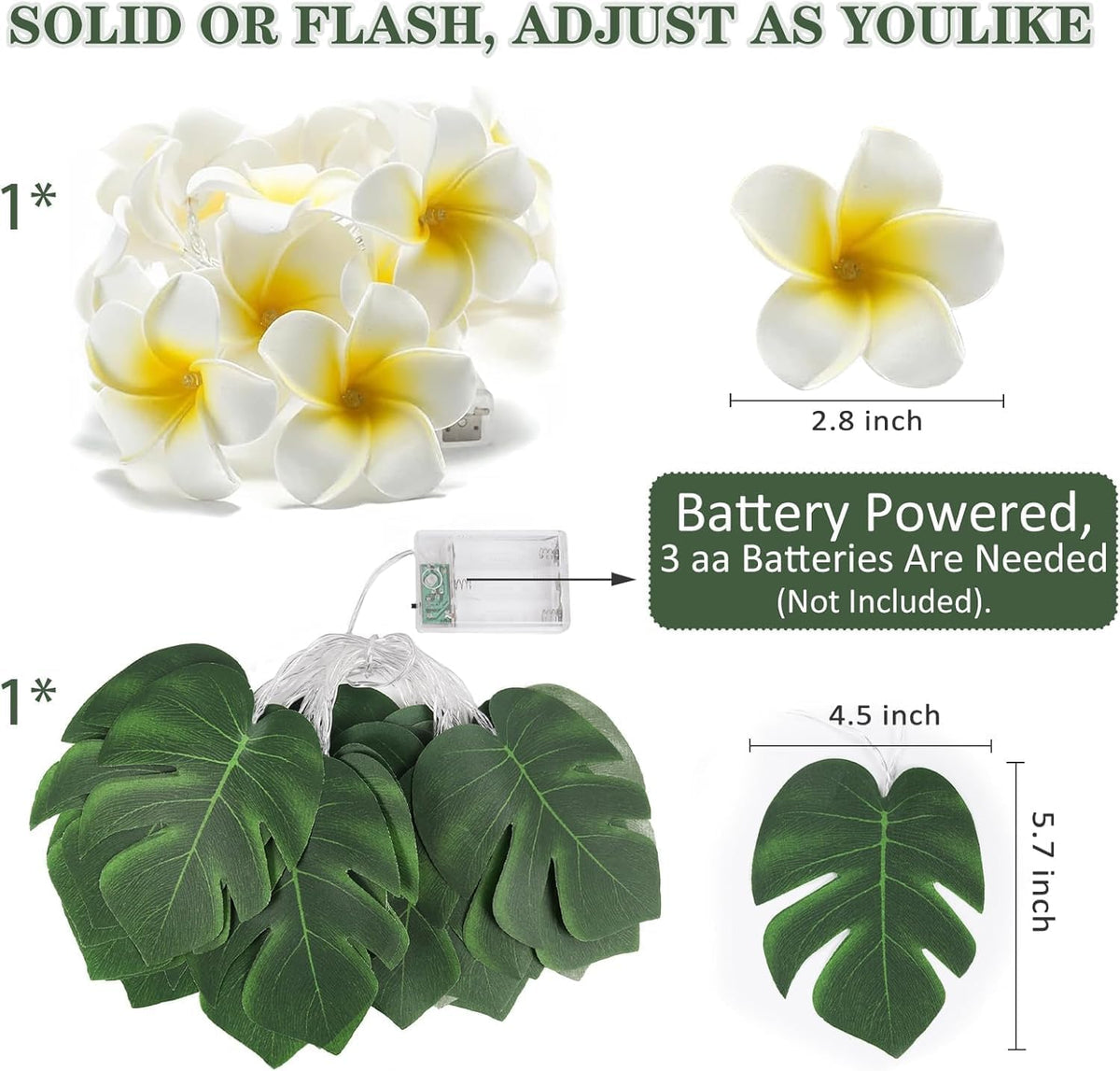 RECUTMS Monstera Leaf String Lights Artificial Foam Plumeria Tropical Palm Leaves Flower 40 LED