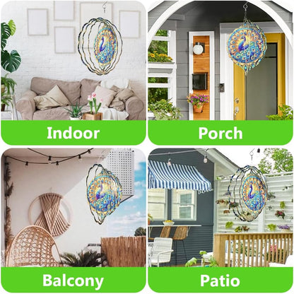Peacock Wind Spinner, 3D Hanging Stainless Steel Garden Spinner, Wind Spinner Hanging for Outdoor &