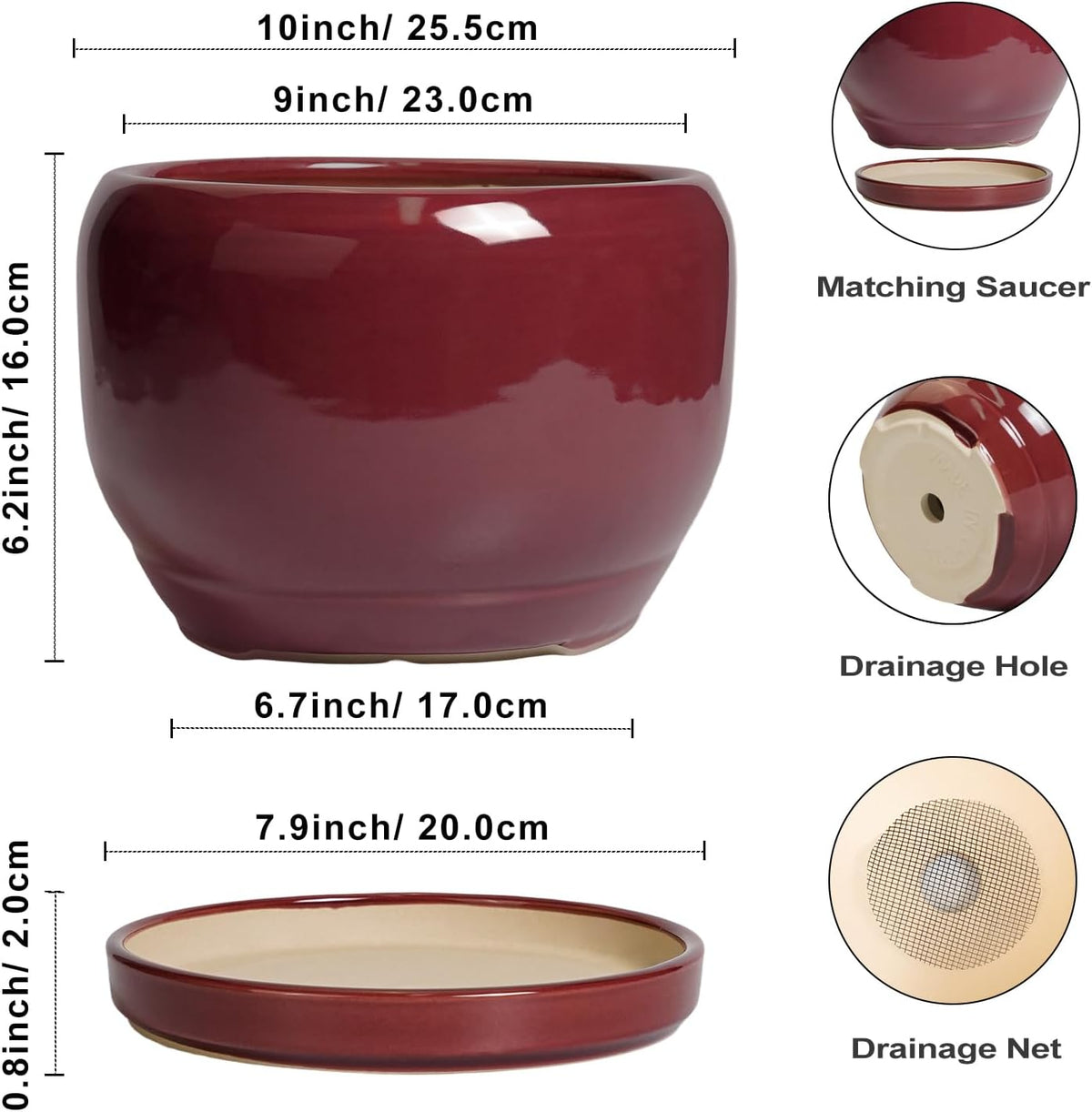 SQOWL Ceramic Pot for Plants - 10 Inch Indoor Planter with Drainage Hole and Saucer, Round Modern