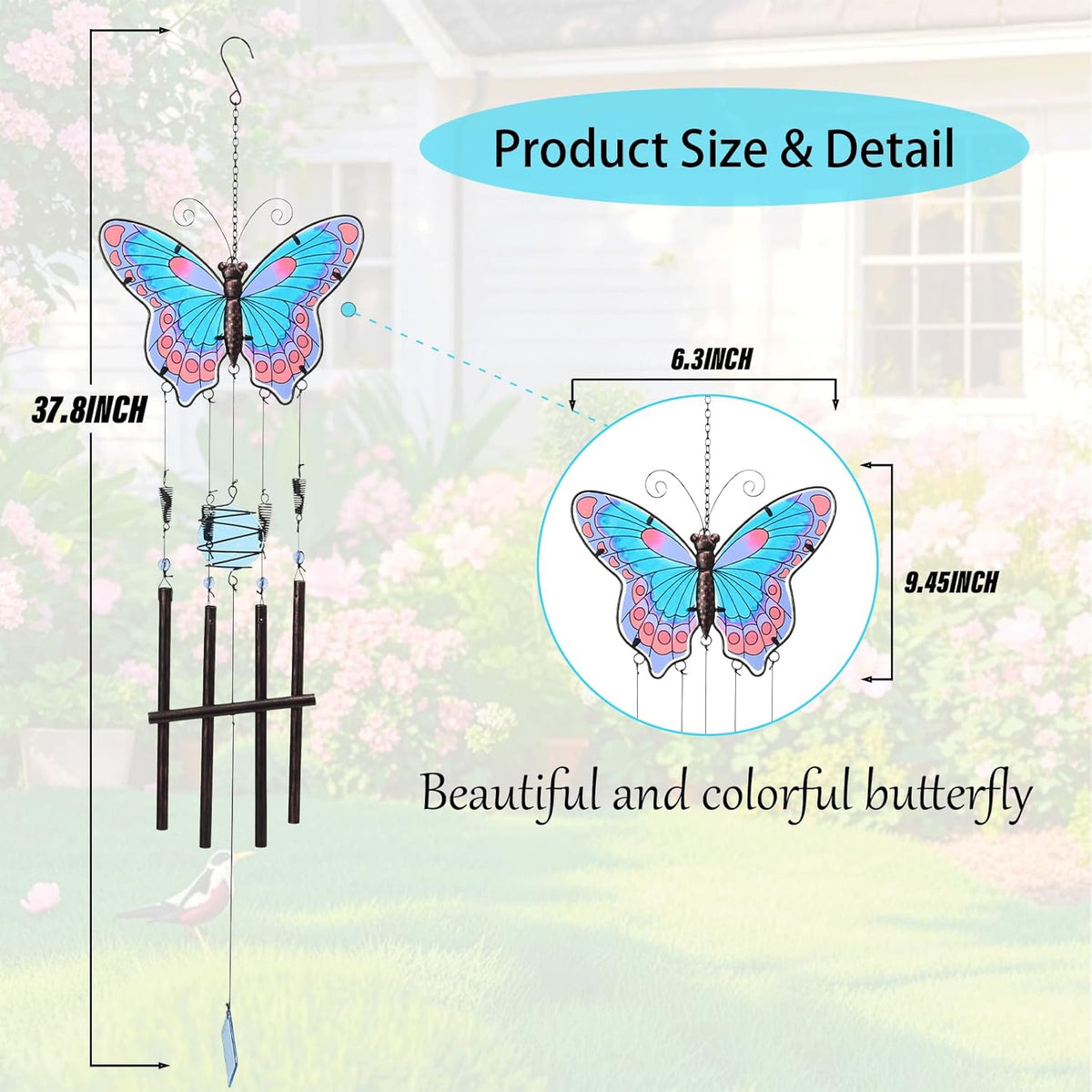 MUMTOP Butterfly Wind Chimes for Outside, Stained Glass Wind Chime Windchimes for Patio