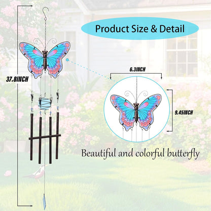 MUMTOP Butterfly Wind Chimes for Outside, Stained Glass Wind Chime Windchimes for Patio