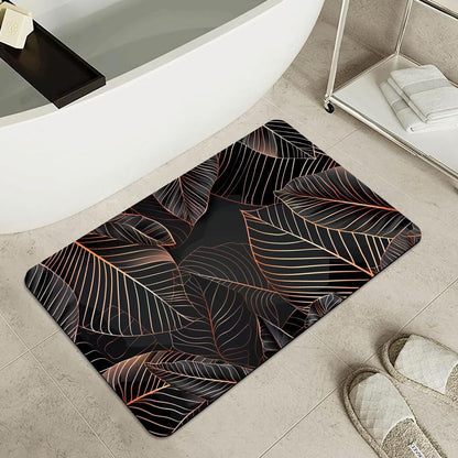 Bath Mat-Bathroom Rug，Black Rose Gold line Leaves-Absorbent Non Slip Quick Dry Stain Resistant Easy