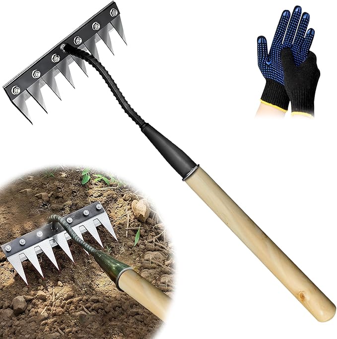 Upgraded Cultivator rake, Spray-Coated Rust-Proof Manganese Steel Weed rake, and 8-Tines Garden